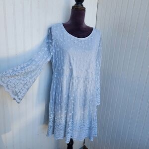Calstyle Blue Boho Floral Embroidered Sheer Mesh Bell Sleeve Dress Nylon Sz L